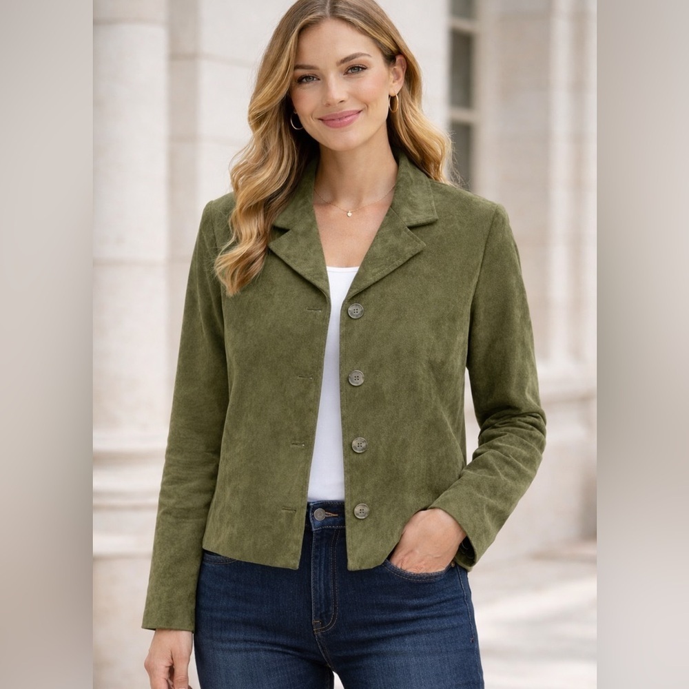 Brody Myles Olive Green Suede-Feel Blazer Jacket | Size Small | Button Front